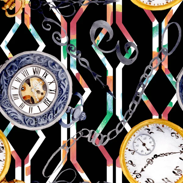 Vintage orologio da tasca vecchio orologio. Acquerello sfondo illustrazione set. Modello di sfondo senza soluzione di continuità . — Foto Stock