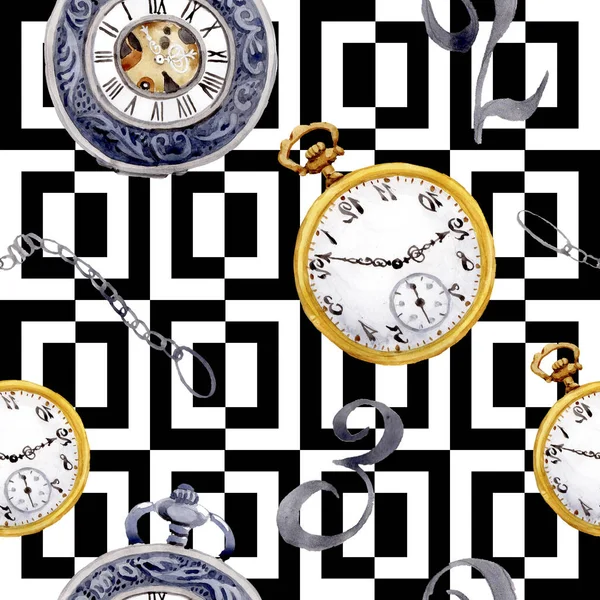Vintage stary zegarek kieszonkowy zegar. Akwarela zestaw ilustracji tła. Płynny wzór tła. — Zdjęcie stockowe