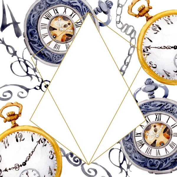 Reloj de bolsillo antiguo vintage. Conjunto de ilustración de fondo acuarela. Marco borde ornamento cuadrado . — Foto de Stock