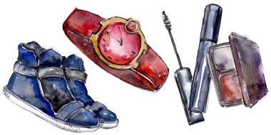 Moda kroki glamour çizimde bir suluboya stil izole öğesi. Suluboya arka plan ayarlamak.