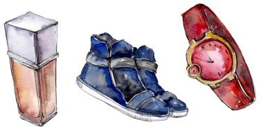 Moda kroki glamour çizimde bir suluboya stil izole öğesi. Suluboya arka plan ayarlamak.