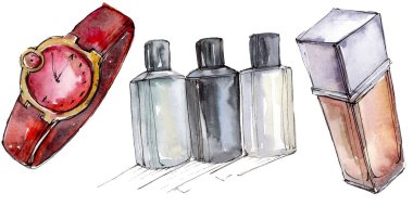 Moda kroki glamour çizimde bir suluboya stil izole öğesi. Suluboya arka plan ayarlamak.