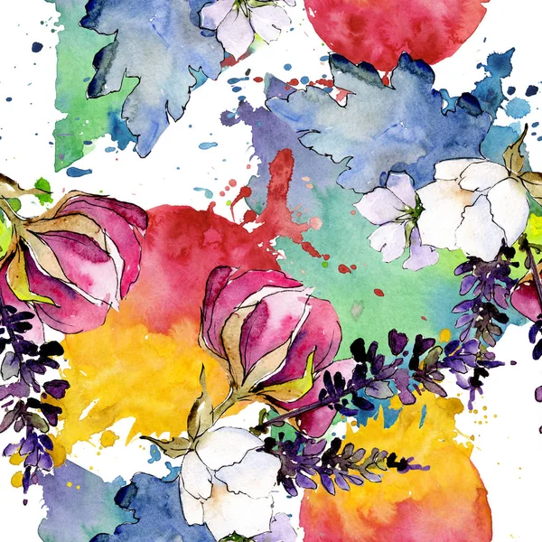Ramo de flores botánicas florales. Conjunto de ilustración de fondo acuarela. Patrón de fondo sin costuras . — Foto de Stock
