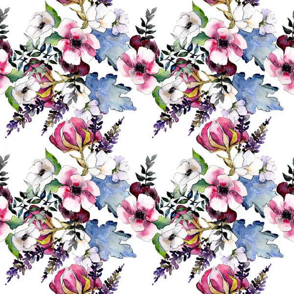 Buket çiçek botanik çiçekler. Suluboya arka plan illüstrasyon küme. Sorunsuz arka plan deseni.