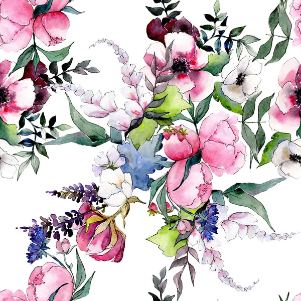 Buket çiçek botanik çiçekler. Suluboya arka plan illüstrasyon küme. Sorunsuz arka plan deseni.