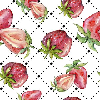 Çilek sağlıklı gıda taze meyve. Suluboya arka plan illüstrasyon seti. Kesintisiz arka plan deseni.