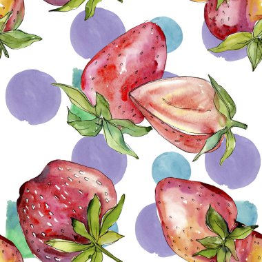 Çilek sağlıklı gıda taze meyve. Suluboya arka plan illüstrasyon seti. Kesintisiz arka plan deseni.