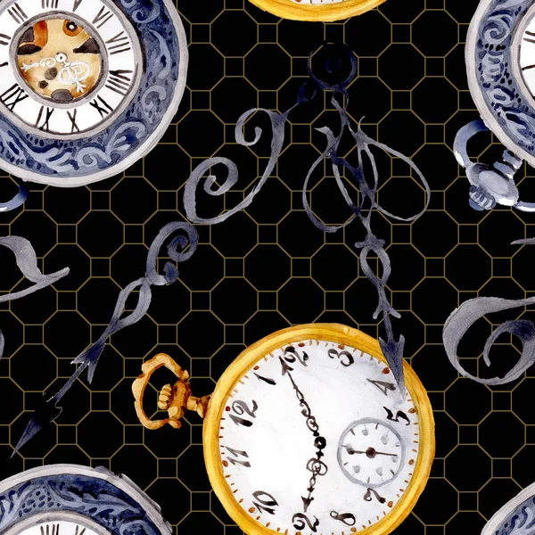 Reloj de bolsillo antiguo vintage. Conjunto de ilustración de fondo acuarela. Patrón de fondo sin costuras . — Foto de Stock