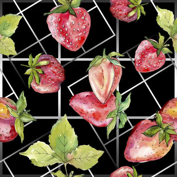 Fresa comida sana fresa fresca. Conjunto de ilustración de fondo acuarela. Patrón de fondo sin costuras . — Foto de Stock