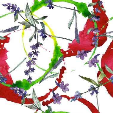 Mor lavanta çiçek botanik çiçekleri. Suluboya arka plan illüstrasyon seti. Kesintisiz arka plan deseni.