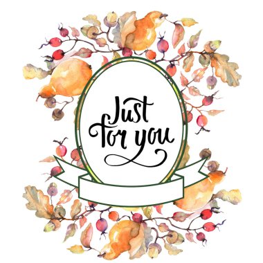 Gül kalça meyve ile armut Dalı. Suluboya arka plan illüstrasyon seti. Çerçeve kenarlık süs karesi.