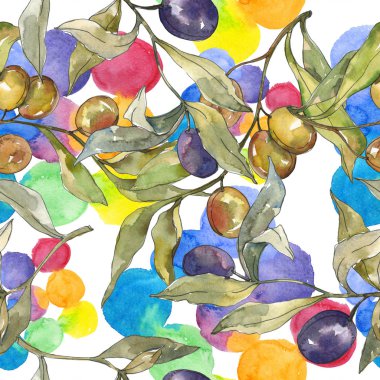 Siyah ve yeşil meyveli zeytin dalı. Suluboya arka plan illüstrasyon seti. Kesintisiz arka plan deseni.