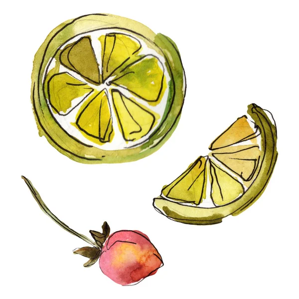 Fruta fresca de limón y fresa. Conjunto de ilustración de fondo acuarela. Elemento ilustrativo postres aislados . — Foto de Stock