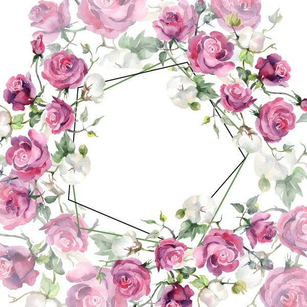 Rosa rosa y flores de ramo de algodón floral. Conjunto de ilustración de fondo acuarela. Marco borde ornamento cuadrado . — Foto de Stock