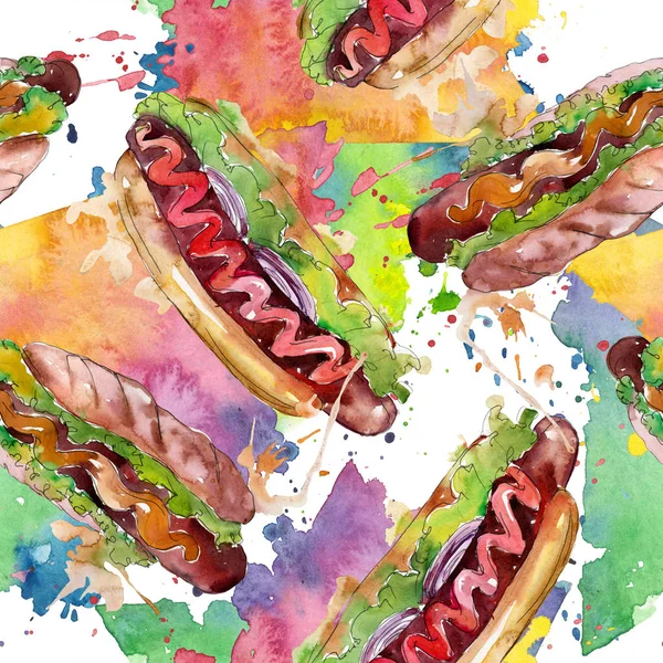 Hot dog fast food isolado. Conjunto de ilustração de fundo aquarela. Padrão de fundo sem costura . — Fotografia de Stock