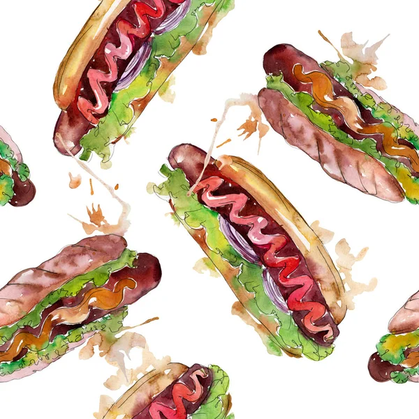 Hot dog fast food isolado. Conjunto de ilustração de fundo aquarela. Padrão de fundo sem costura . — Fotografia de Stock