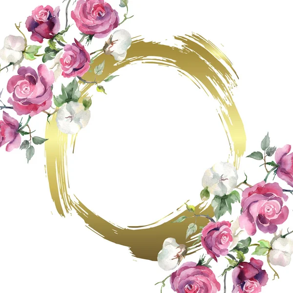 Pink rose and cotton bouquet floral flowers. Watercolor background illustration set. Frame border ornament square.