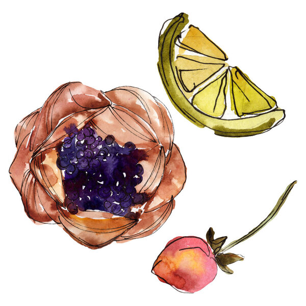 Tasty cake and bun sweet dessert. Watercolor background illustration set. Isolated desserts illustration element.