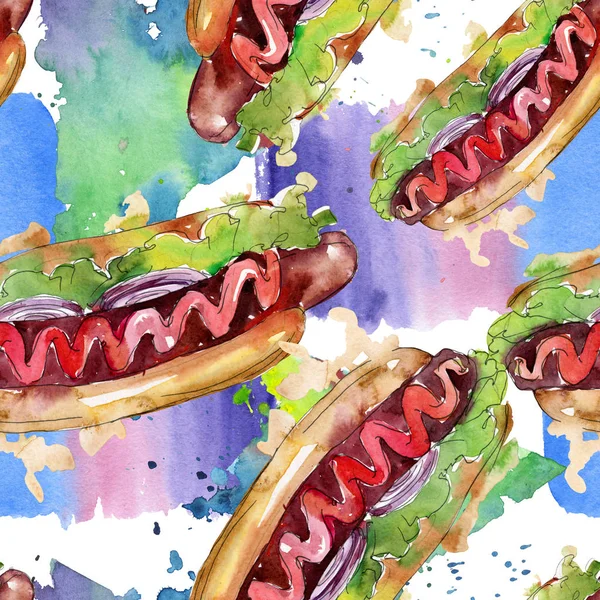 Hot Dog Fast food na białym tle. Akwarela zestaw ilustracji tła. Płynny wzór tła. — Zdjęcie stockowe