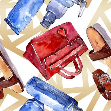 Bir suluboya stil izole öğesi moda kroki. Suluboya resim ayarlayın. Sorunsuz arka plan deseni.