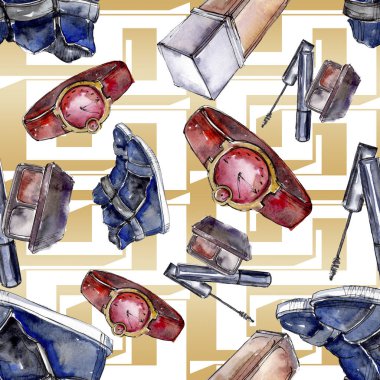 Bir suluboya stil izole öğesi moda kroki. Suluboya resim ayarlayın. Sorunsuz arka plan deseni.