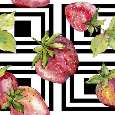Çilek sağlıklı gıda taze meyve. Suluboya arka plan illüstrasyon seti. Kesintisiz arka plan deseni.