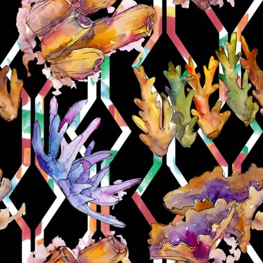 Renkli su sualtı doğa mercan resifi. Suluboya illüstrasyon seti. Kesintisiz arka plan deseni.