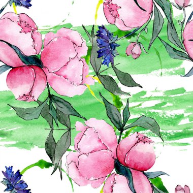 Buket çiçek botanik çiçekler. Suluboya arka plan illüstrasyon küme. Sorunsuz arka plan deseni.