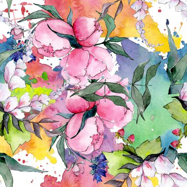 Buket çiçek botanik çiçekler. Suluboya arka plan illüstrasyon küme. Sorunsuz arka plan deseni.