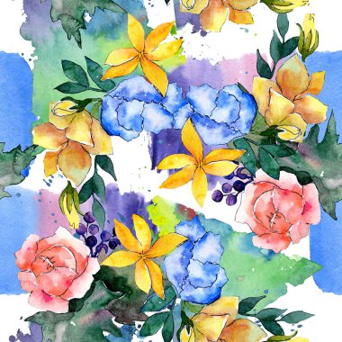Buket çiçek botanik çiçekler. Suluboya arka plan illüstrasyon küme. Sorunsuz arka plan deseni.