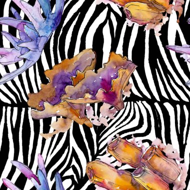 Renkli su sualtı doğa mercan resifi. Suluboya illüstrasyon seti. Kesintisiz arka plan deseni.