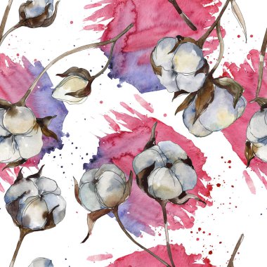 Beyaz pamuk çiçek botanik çiçekler. Suluboya illüstrasyon seti. Kesintisiz arka plan deseni.