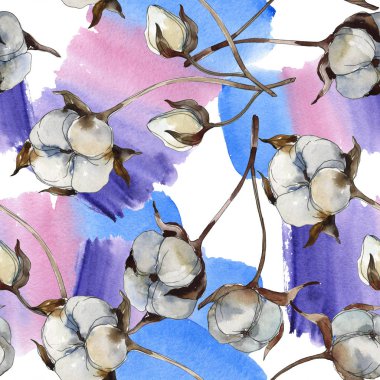 Beyaz pamuk çiçek botanik çiçekler. Suluboya illüstrasyon seti. Kesintisiz arka plan deseni.