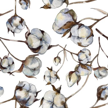 Beyaz pamuk çiçek botanik çiçekler. Suluboya illüstrasyon seti. Kesintisiz arka plan deseni.