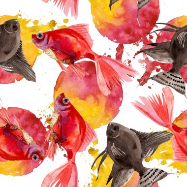 Goldfish sualtı renkli tropikal balık seti. Suluboya illüstrasyon seti. Kesintisiz arka plan deseni.