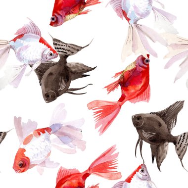 Goldfish sualtı renkli tropikal balık seti. Suluboya illüstrasyon seti. Kesintisiz arka plan deseni.
