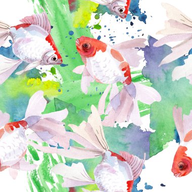 Goldfish sualtı renkli tropikal balık seti. Suluboya illüstrasyon seti. Kesintisiz arka plan deseni.