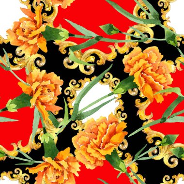 Sarı dianthus çiçek botanik çiçekler. Suluboya arka plan illüstrasyon seti. Kesintisiz arka plan deseni.