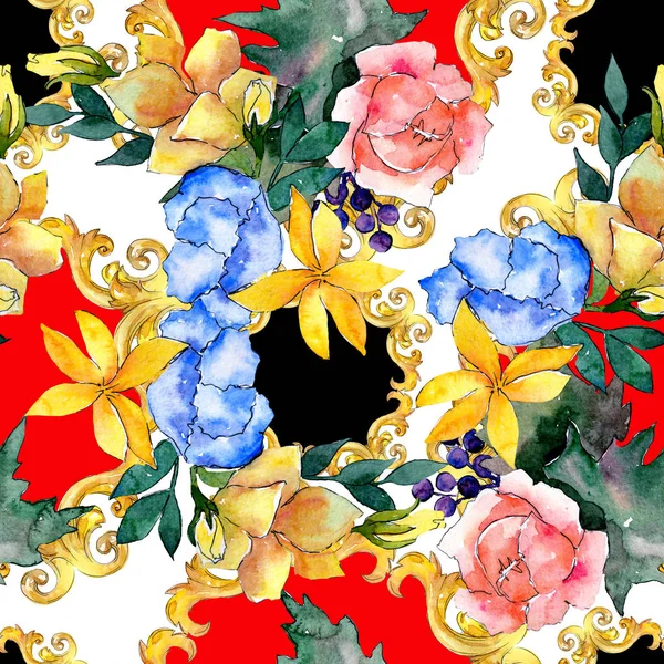 Bouquet floreale fiori botanici. Acquerello sfondo illustrazione set. Modello di sfondo senza soluzione di continuità . — Foto Stock