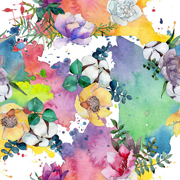 Bouquet floral botanical flowers. Watercolor background illustration set. Seamless background pattern.