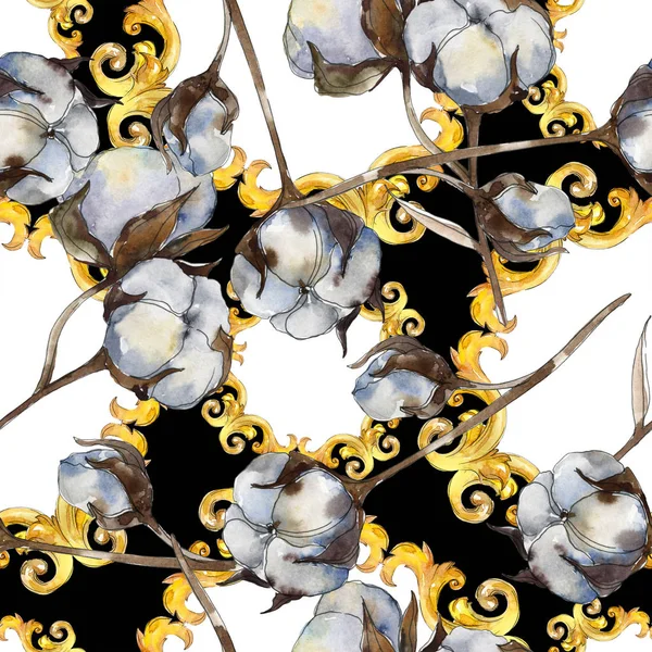 Flores botánicas florales de algodón blanco. Juego de ilustración en acuarela. Patrón de fondo sin costuras . —  Fotos de Stock