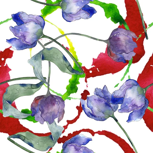 Fialový Tulipán květinové botanické květy. Vodný obrázek pozadí-barevný. Bezespání vzorek pozadí. — Stock fotografie
