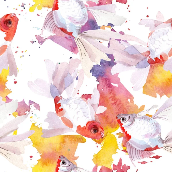 Goldfish aquatic underwater colorful tropical fish set. Watercolor illustration set. Seamless background pattern. — Stock Photo, Image