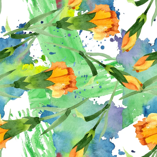 Amarelo dianthus flores botânicas florais. Conjunto de ilustração de fundo aquarela. Padrão de fundo sem costura . — Fotografia de Stock