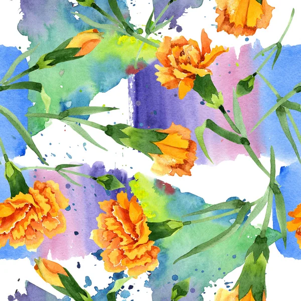 Gele Dianthus Floral botanische bloemen. Aquarel achtergrond illustratie instellen. Naadloos achtergrond patroon. — Stockfoto