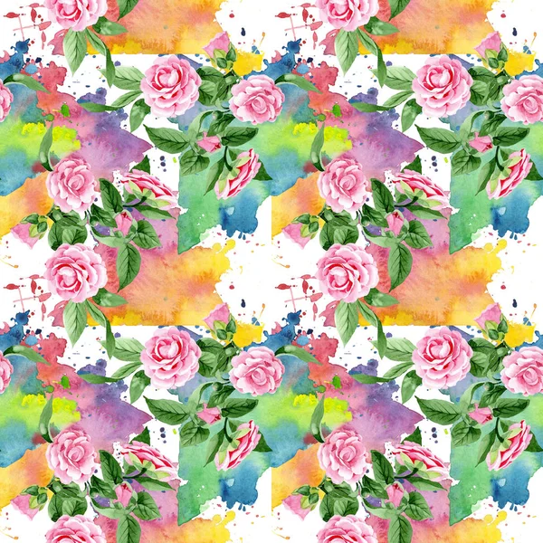 Camélia rosa flores botânicas florais. Conjunto de ilustração de fundo aquarela. Padrão de fundo sem costura . — Fotografia de Stock