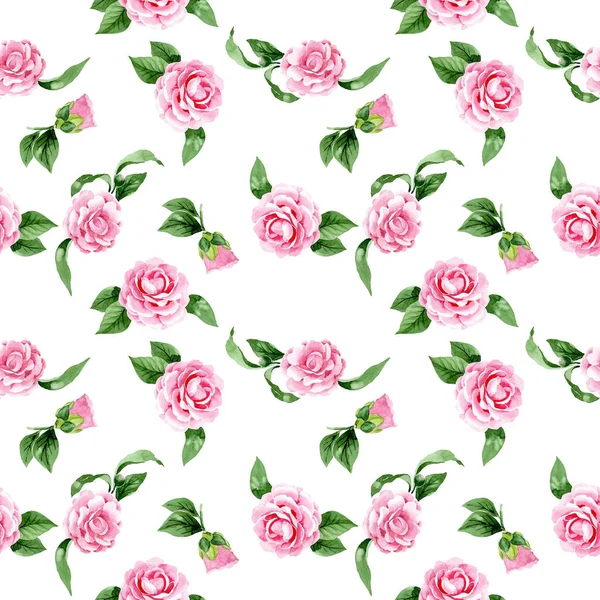 Rosafarbene Kamelienblüten. Aquarell Hintergrundillustration Set. nahtloses Hintergrundmuster. — Stockfoto
