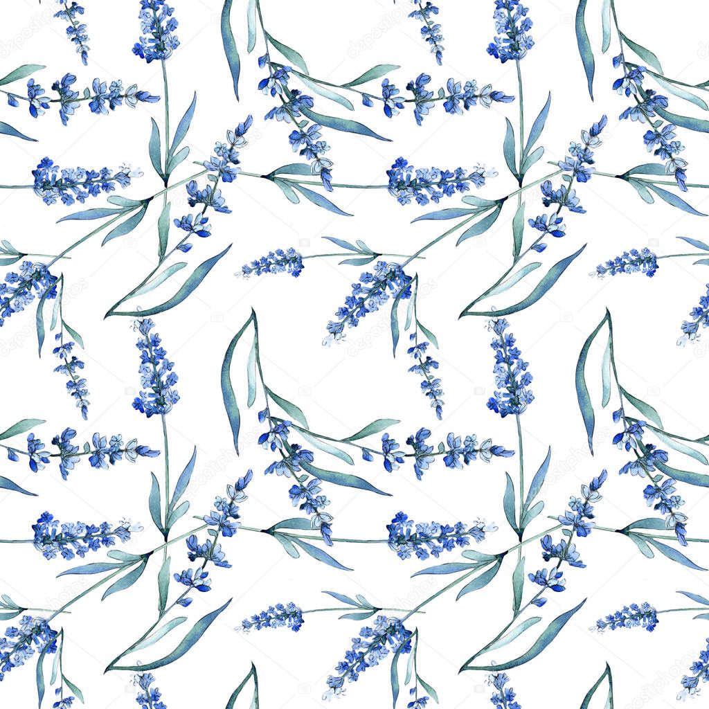 Blue lavender floral botanical flowers. Watercolor background illustration set. Seamless background pattern.
