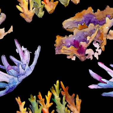 Renkli su sualtı doğa mercan resifi. Suluboya illüstrasyon seti. Kesintisiz arka plan deseni.