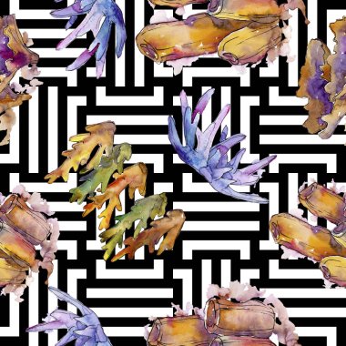 Renkli su sualtı doğa mercan resifi. Suluboya illüstrasyon seti. Kesintisiz arka plan deseni.